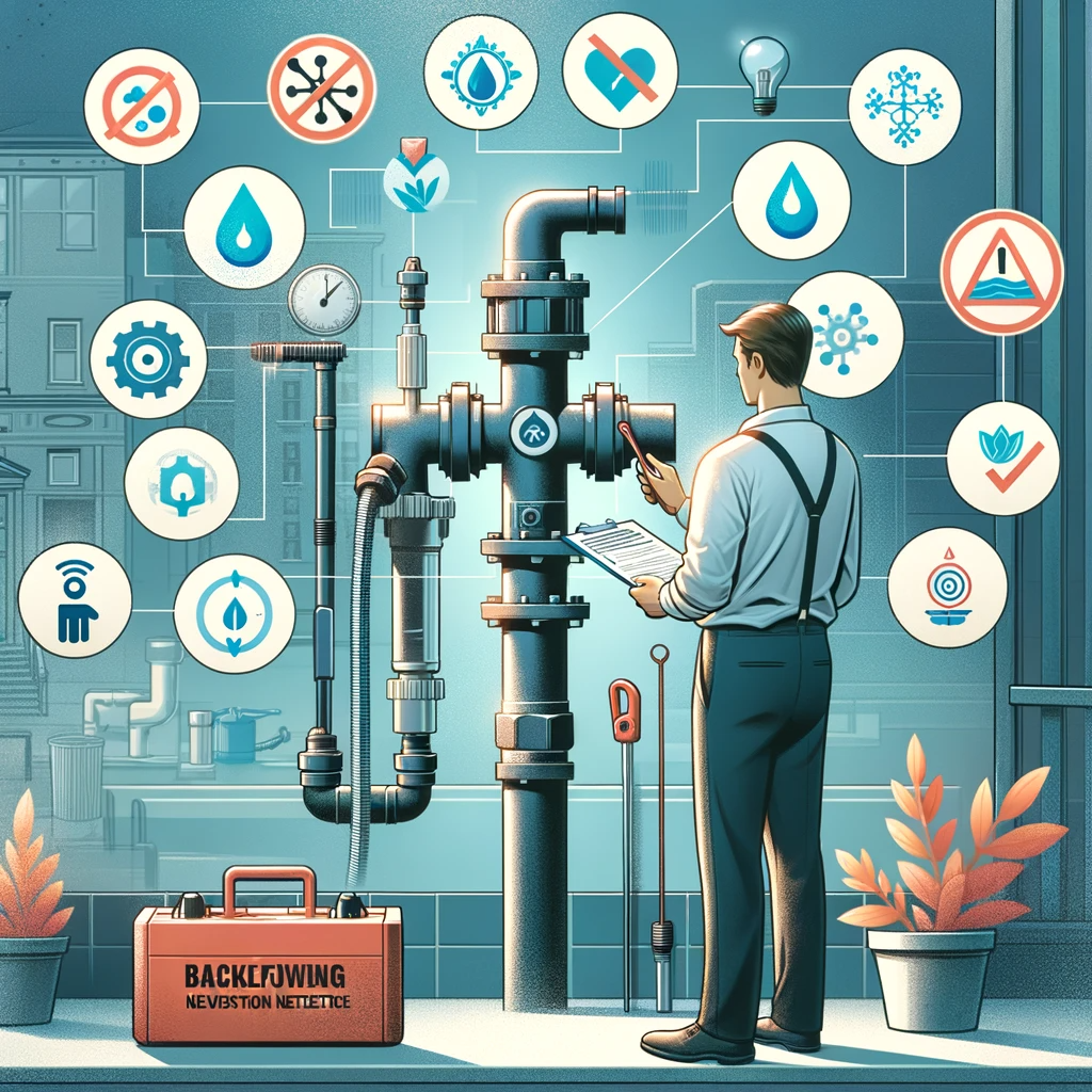 An informative illustration depicting the concept of backflow testing in water safety.