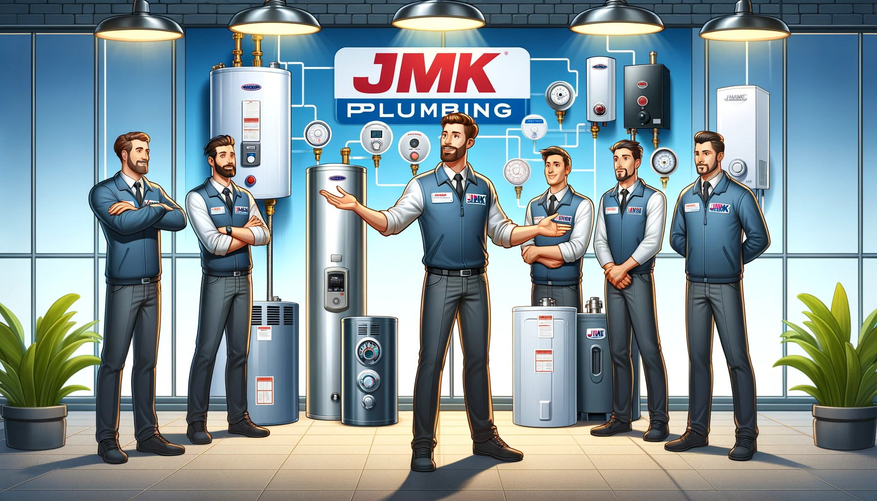 the JMK Plumbing team explaining the different kinds of water heater models.