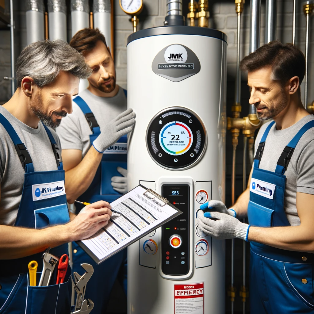 Here is an image of the 'JMK Plumbing' team checking the energy efficiency of a water heater.