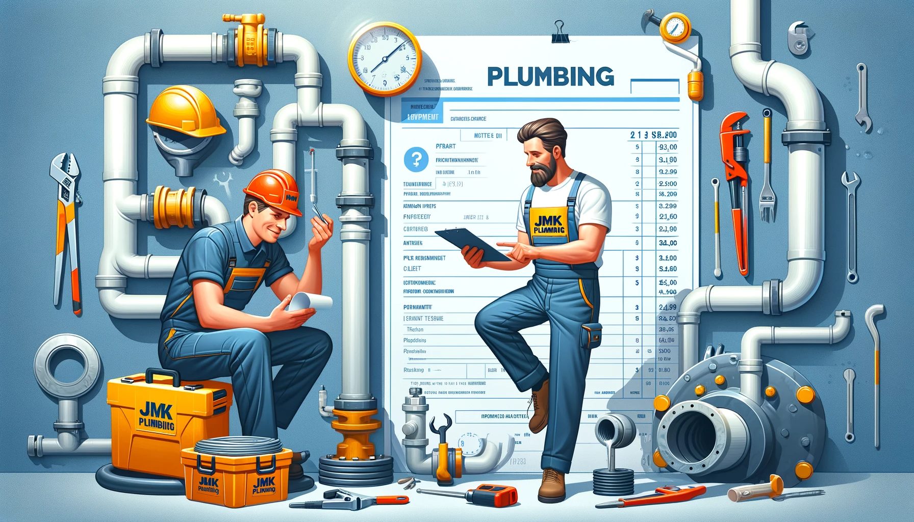 the JMK Plumbing team working on an urgent pipe repair and invoicing the client.