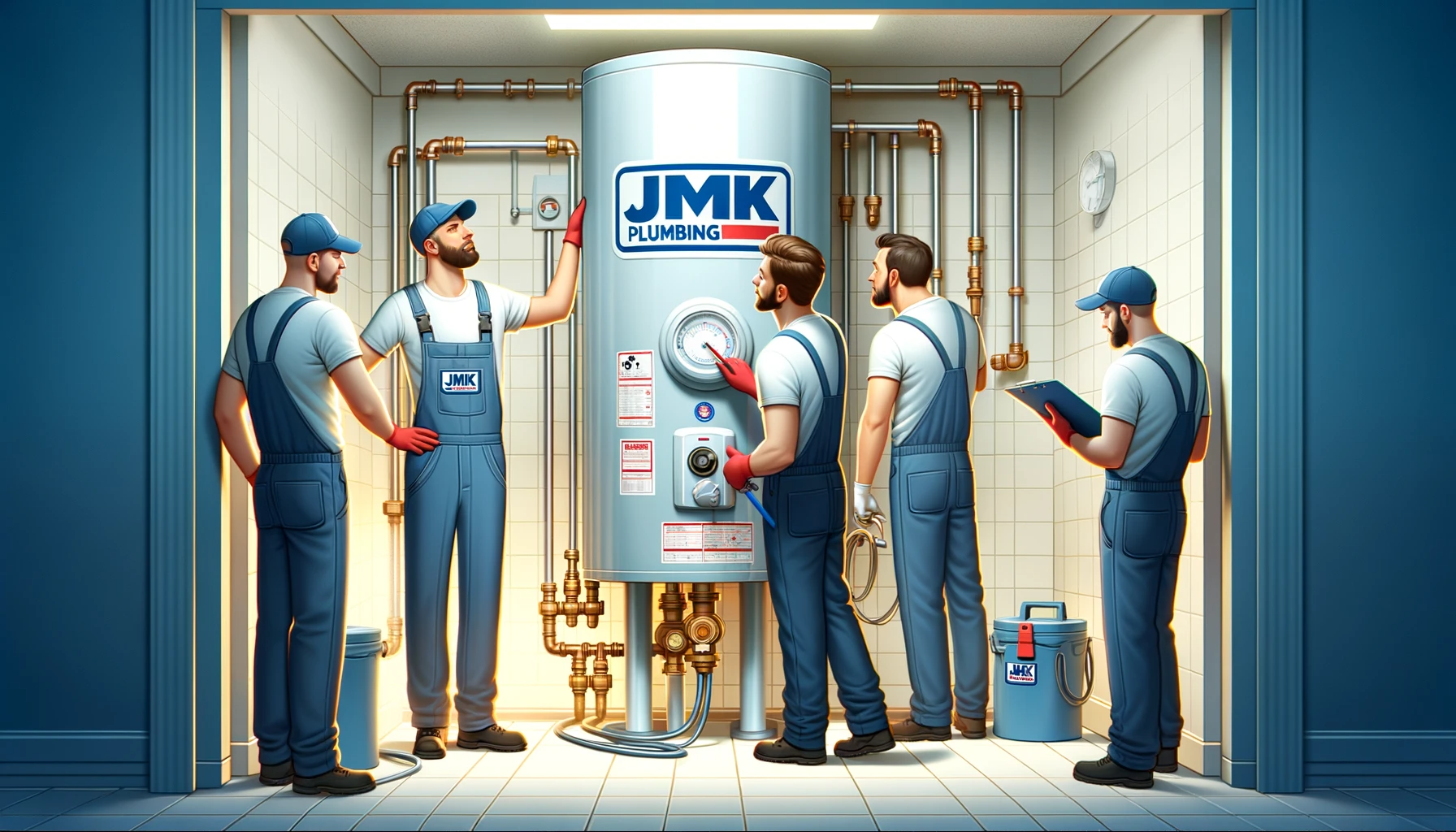 the JMK Plumbing team working on a water heater.