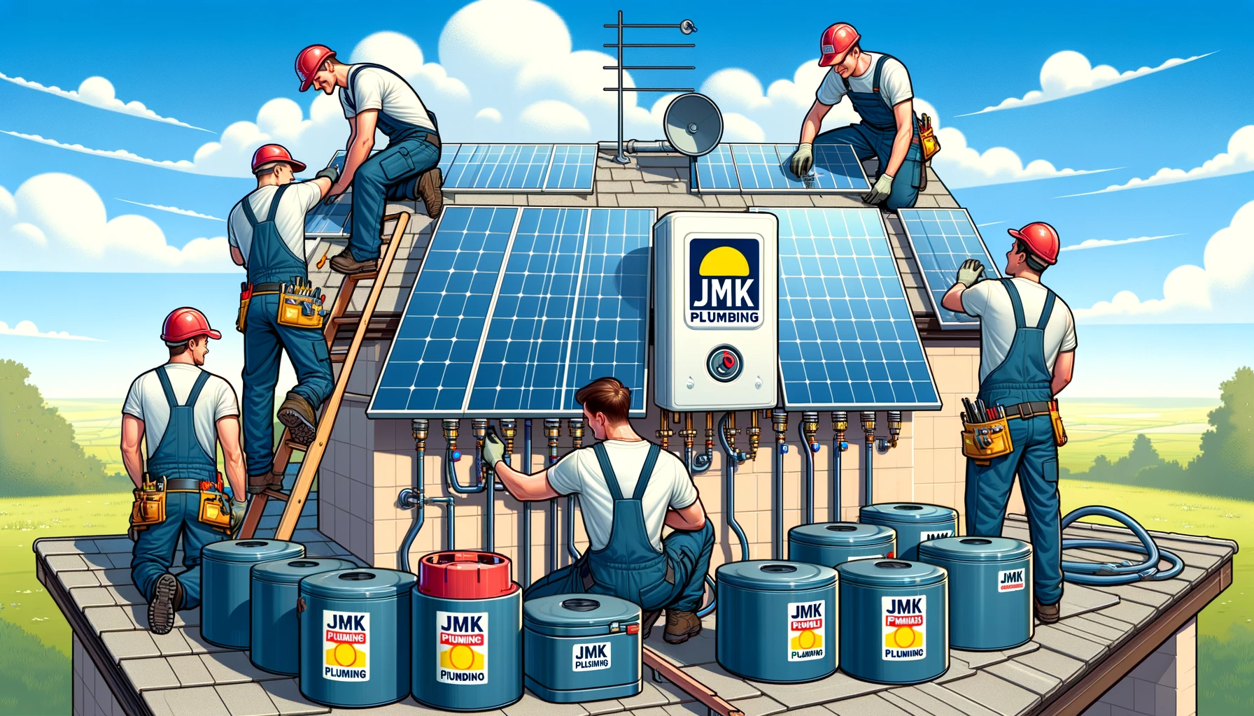 digital illustration of the JMK Plumbing team installing solar water heaters