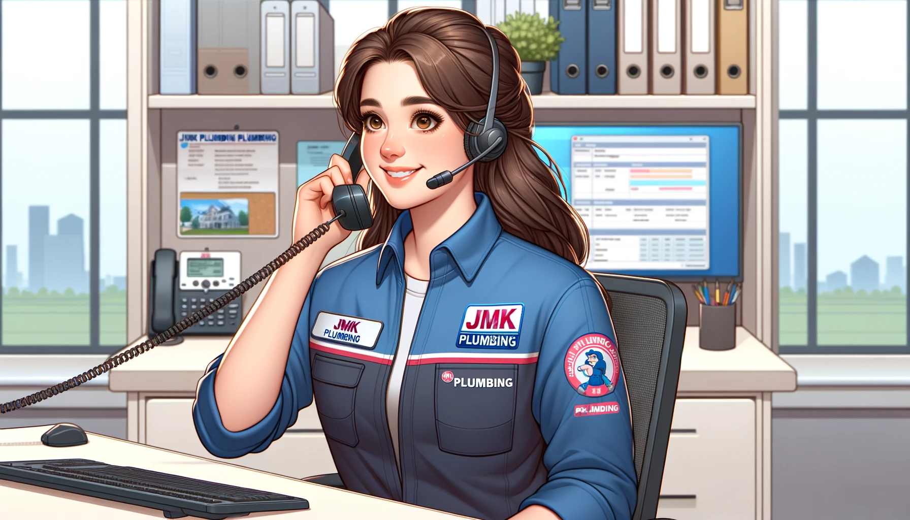 the JMK Plumbing customer service team receiving a call.