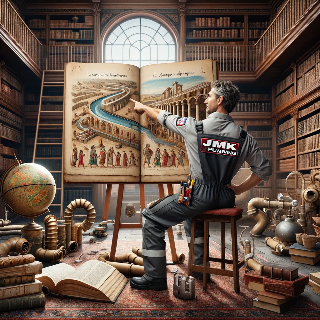 a JMK Plumbing worker in a library, explaining the ancient ways of plumbing, surrounded by historical texts and artifacts